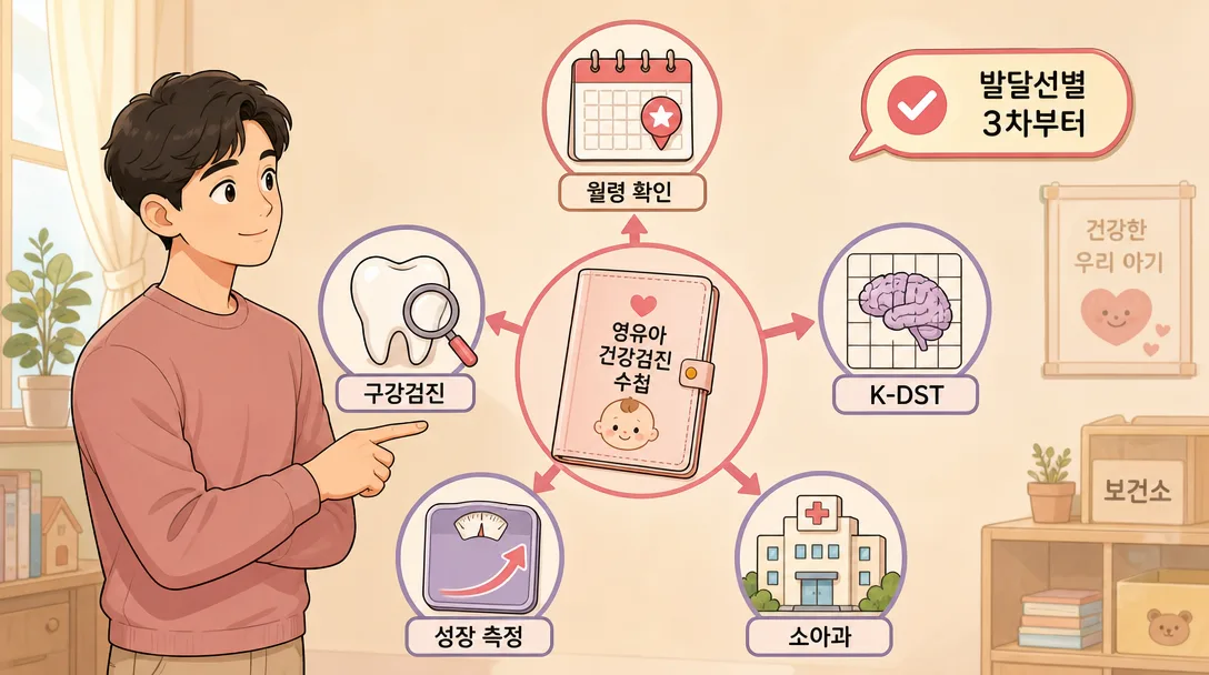 영유아 건강검진 핵심 개념 아이콘 조합 — K-DST 발달선별검사, 구강검진, 성장 측정, 월령 확인
