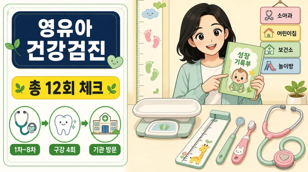 영유아 건강검진 시기와 구성을 한눈에 정리한 인포그래픽 — 일반 검진 8차, 구강검진 4회, 총 12회