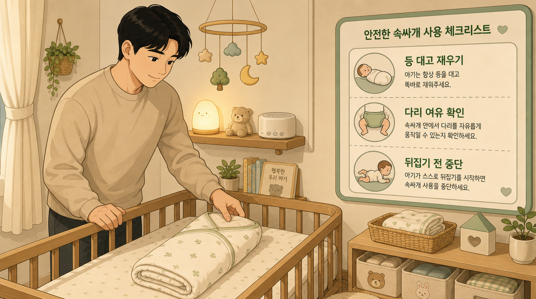 모로반사 속싸개 안전 체크포인트 — 신생아 아기방 수면 환경 일러스트