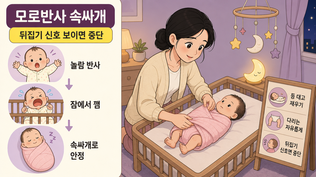 모로반사 속싸개 개념 인포그래픽 — 놀람 반사로 잠에서 깨는 과정과 속싸개 안전 3원칙