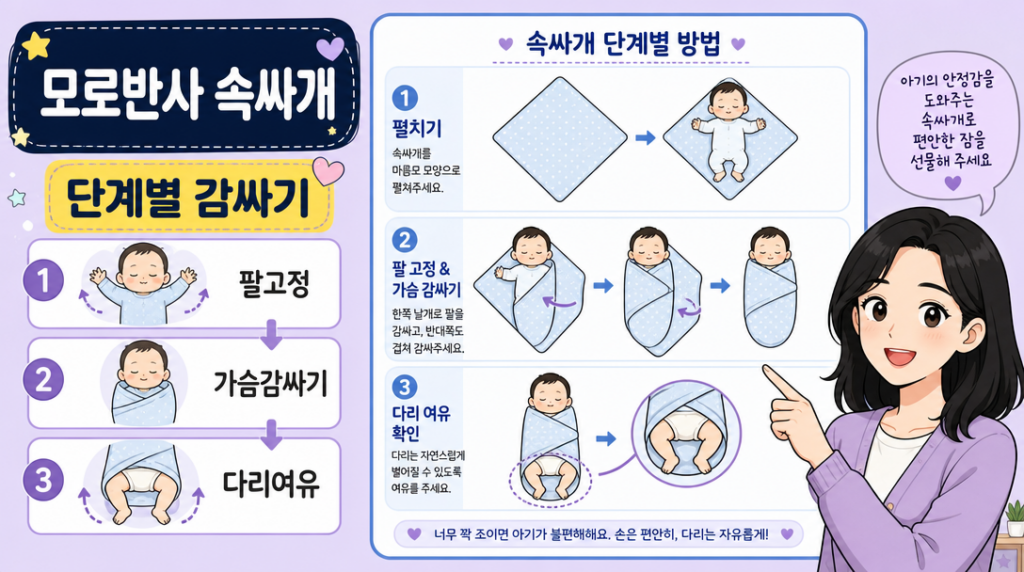 모로반사 속싸개 단계별 감싸기 방법 인포그래픽 — 신생아 수면 안정 팁