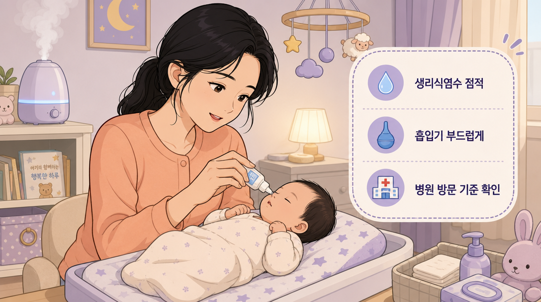 신생아 코막힘 단계별 관리 — 엄마가 아기에게 생리식염수를 점적하는 일러스트