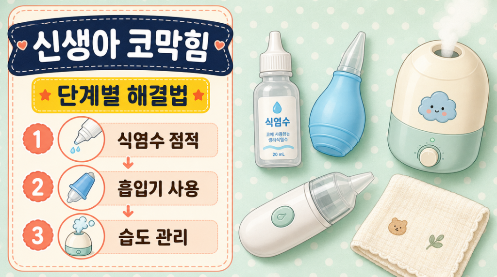 신생아 코막힘 해결 방법 — 생리식염수 점적과 흡입기 사용법 인포그래픽