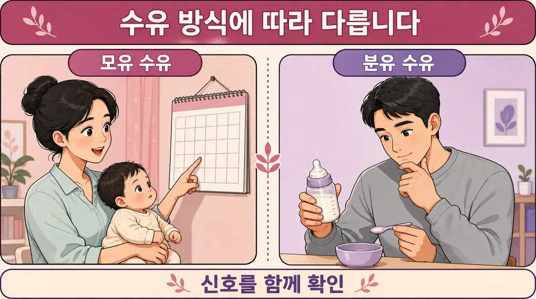 이유식 시작 시기 기준이 수유 방식에 따라 갈리는 모습을 설명하는 인포그래픽