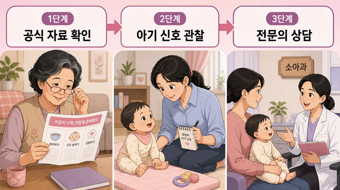이유식 시작 시기 정보를 확인할 공식 기관 안내를 보여 주는 인포그래픽
