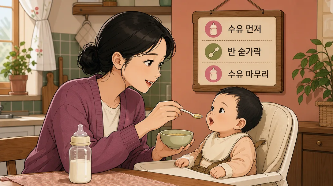 이유식 시작 시기 첫 숟갈 순서를 보여 주는 엄마와 아기 일러스트